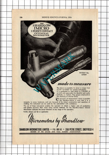 Fred Fowler Ltd Birmingham / Shardlow Micrometers Ltd Sheffield - 1954 Advert