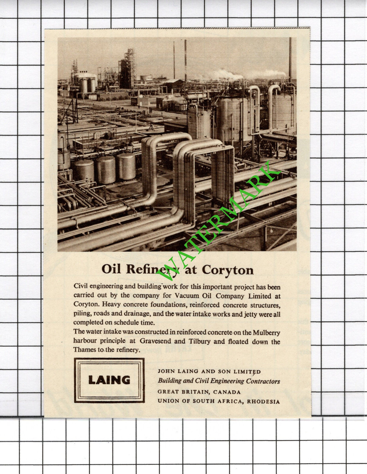 Coryton Oil Refinery John Laing & Son Ltd Advert -  1954 Cutting