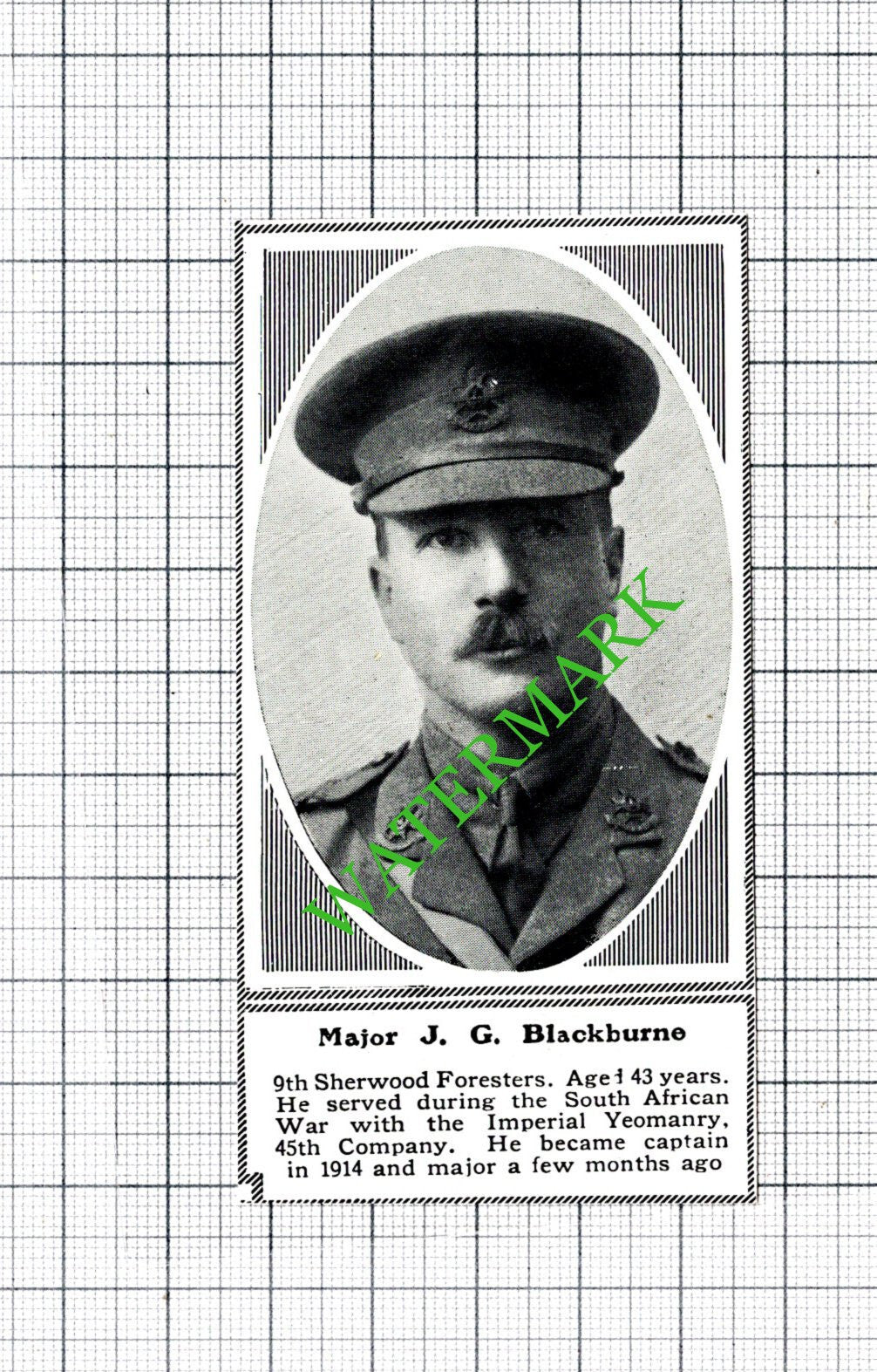 Major J G Blackburne 9th Sherwood Foresters WW1   - c.1918 SMALL Cutting