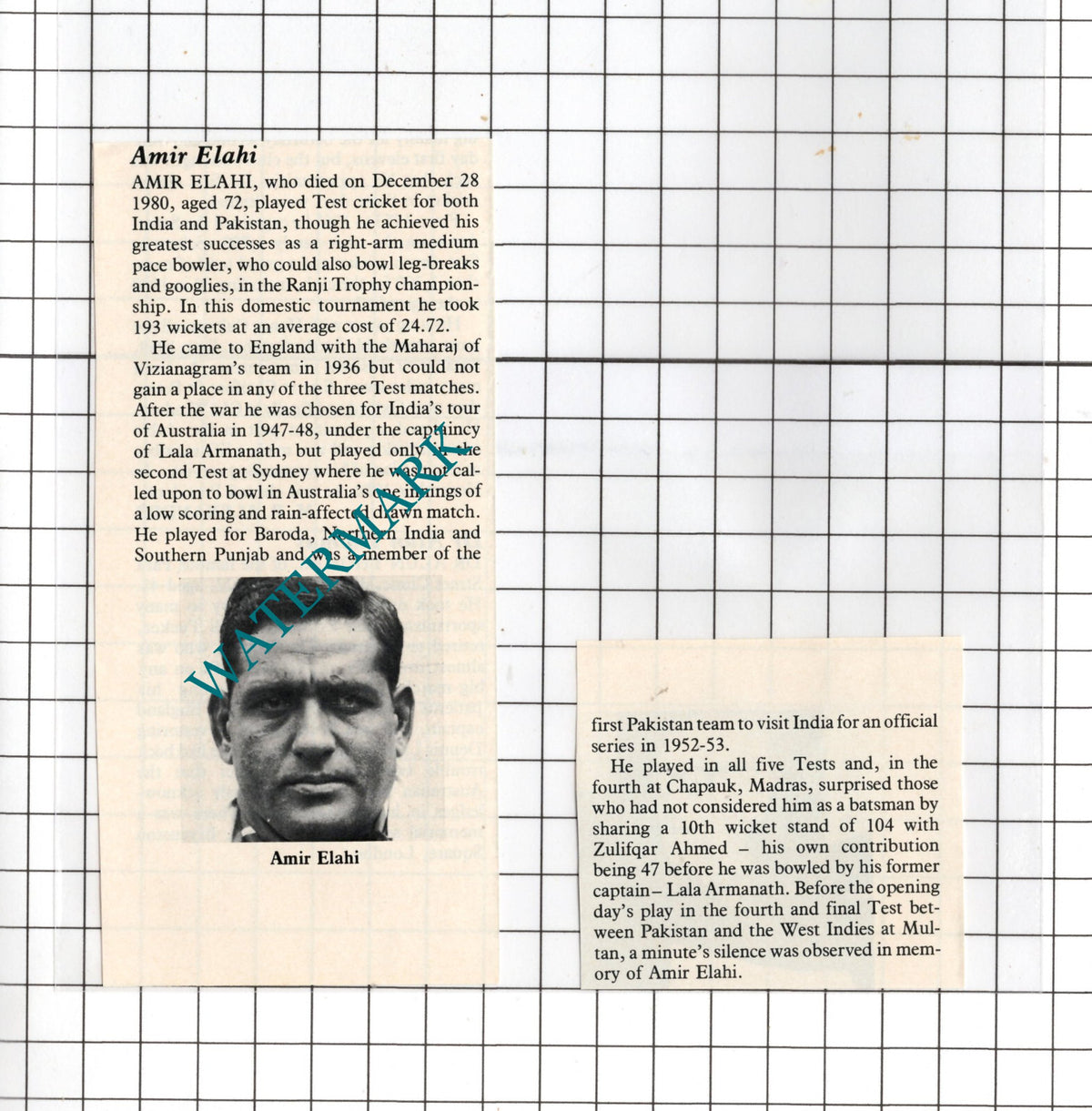Amir Elahi Obituary Cricketer    - 1981 Two-Part Clipping