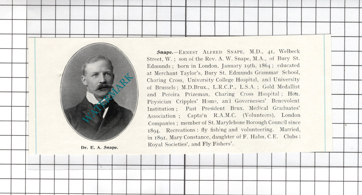 Dr Ernest Alfred Snape 41 Welbeck Street London Bury St Edmunds - c.1910 Cutting