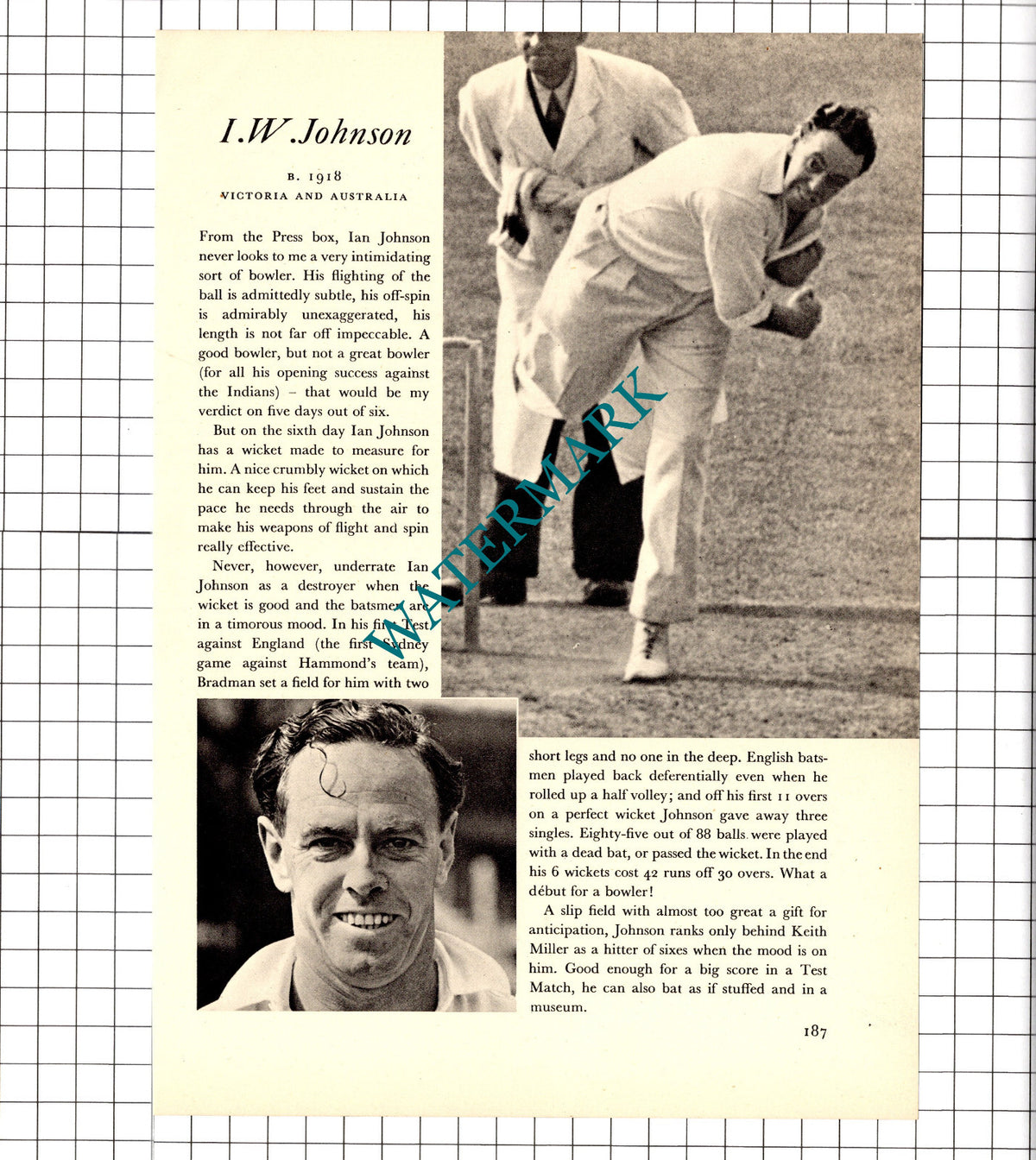 Ian Johnson Cricketer / S G Barnes Cricket - 1952 Book Print