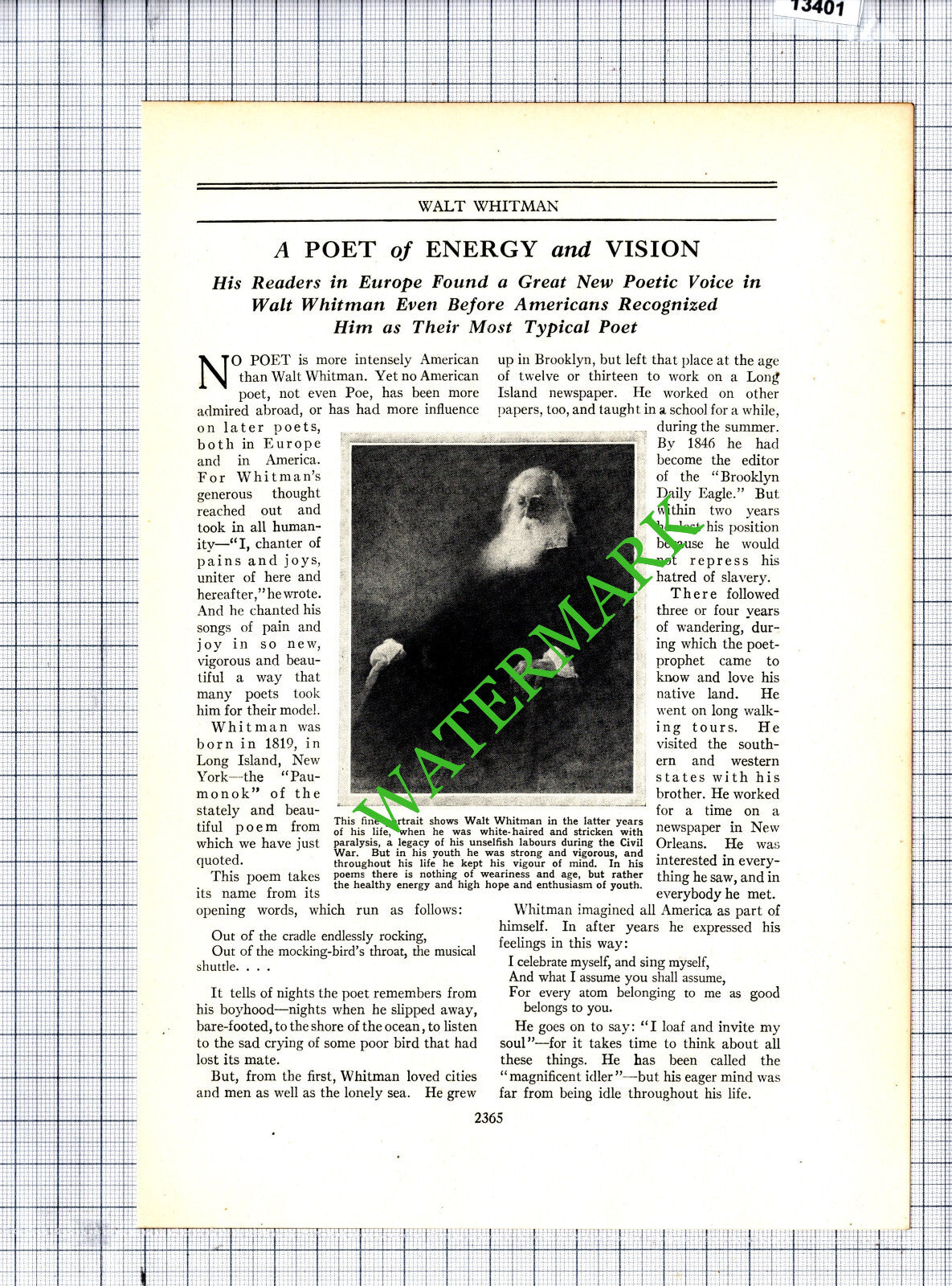 Walt Whitman Poet  - c.1940s Article