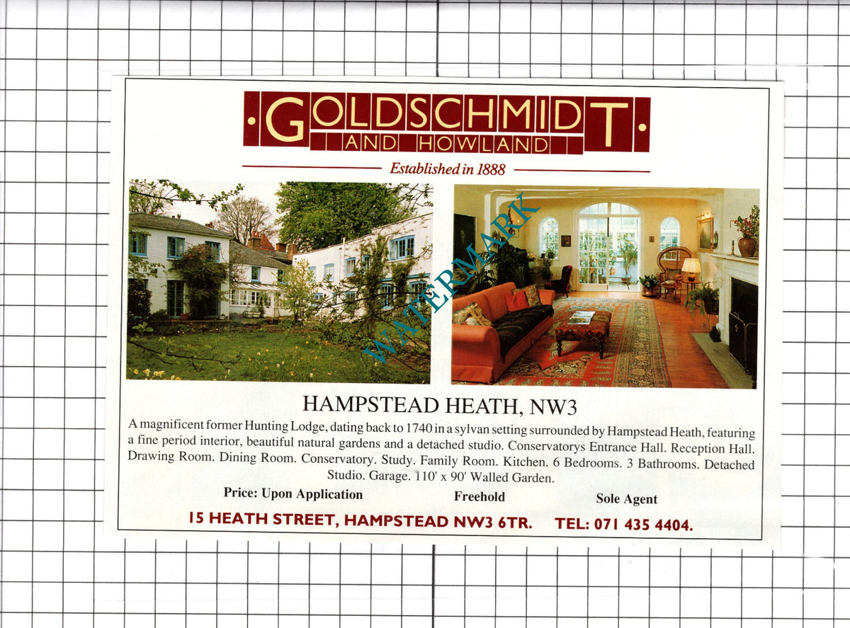 Hampstead Heath London NW3 Hunting Lodge House Sale Advert - 1991 Clipping