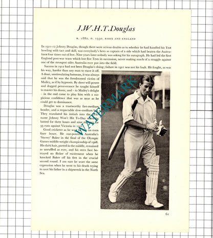 Johnny Douglas Cricketer / NVH Riches Cricket - 1952 Book Print