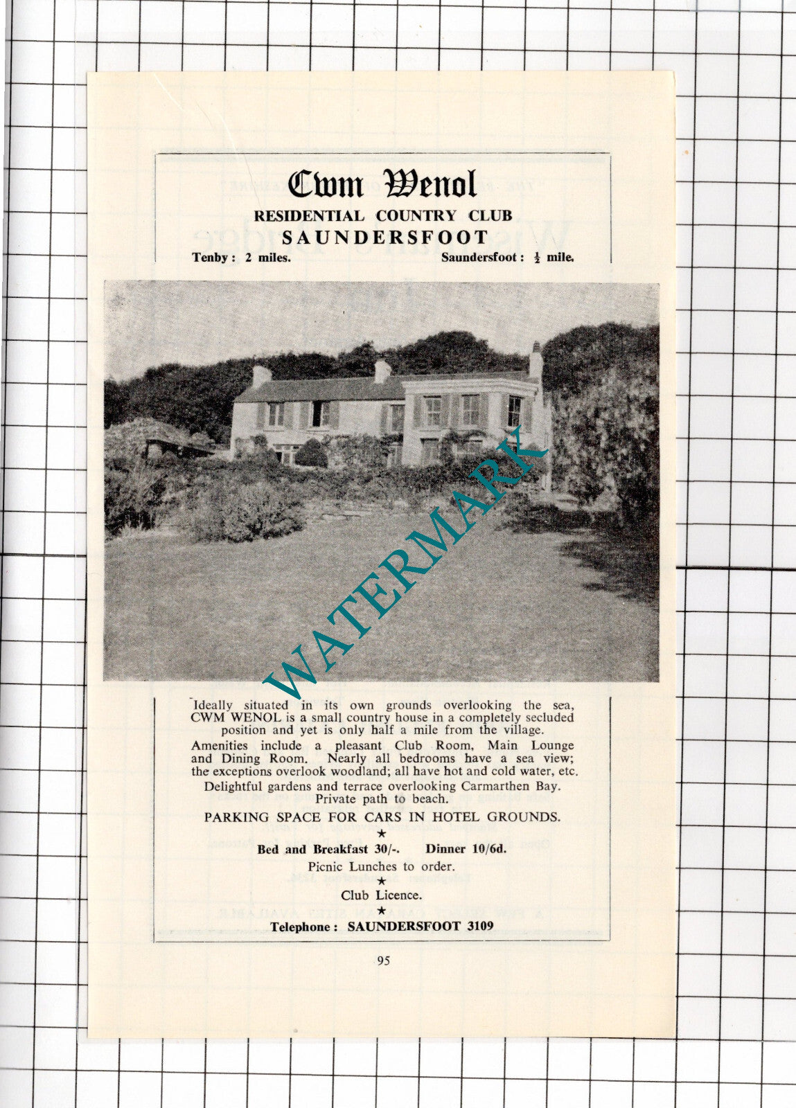 Cwm Wenol Hotel Saundersfoot Wales / Wiseman's Bridge Inn - c.1962 Advert