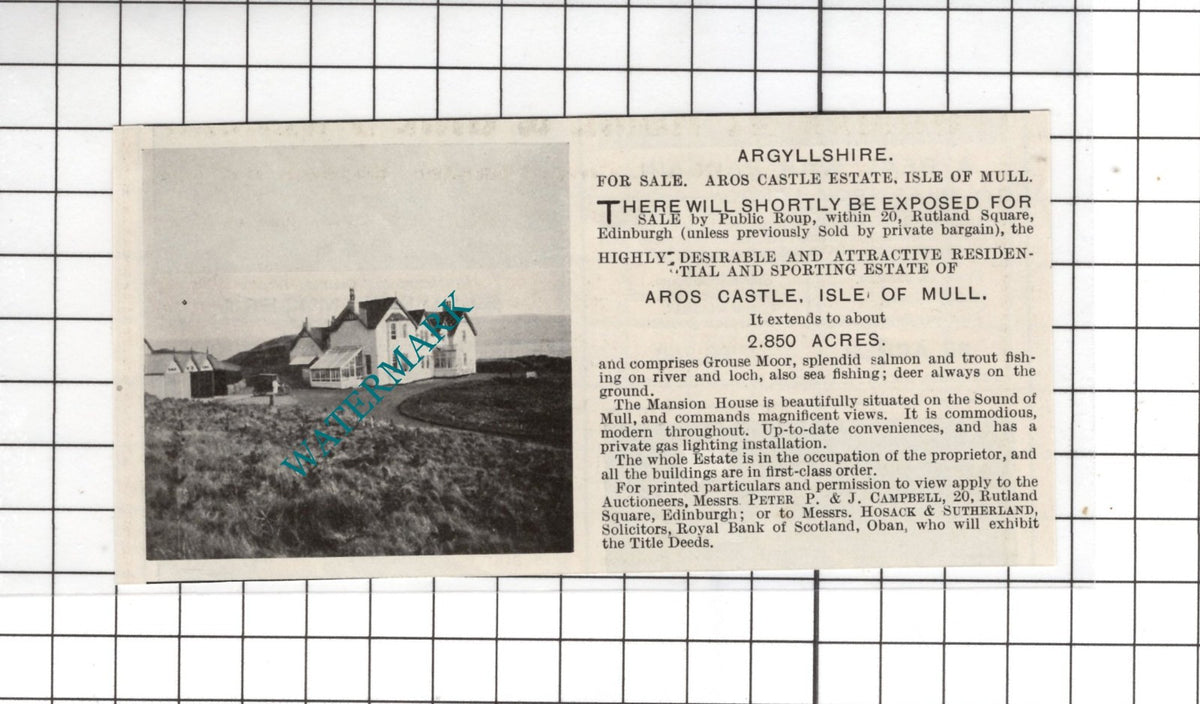 Aros Castle   Isle Of Mull Argyllshire  - 1916 SMALL House Advert