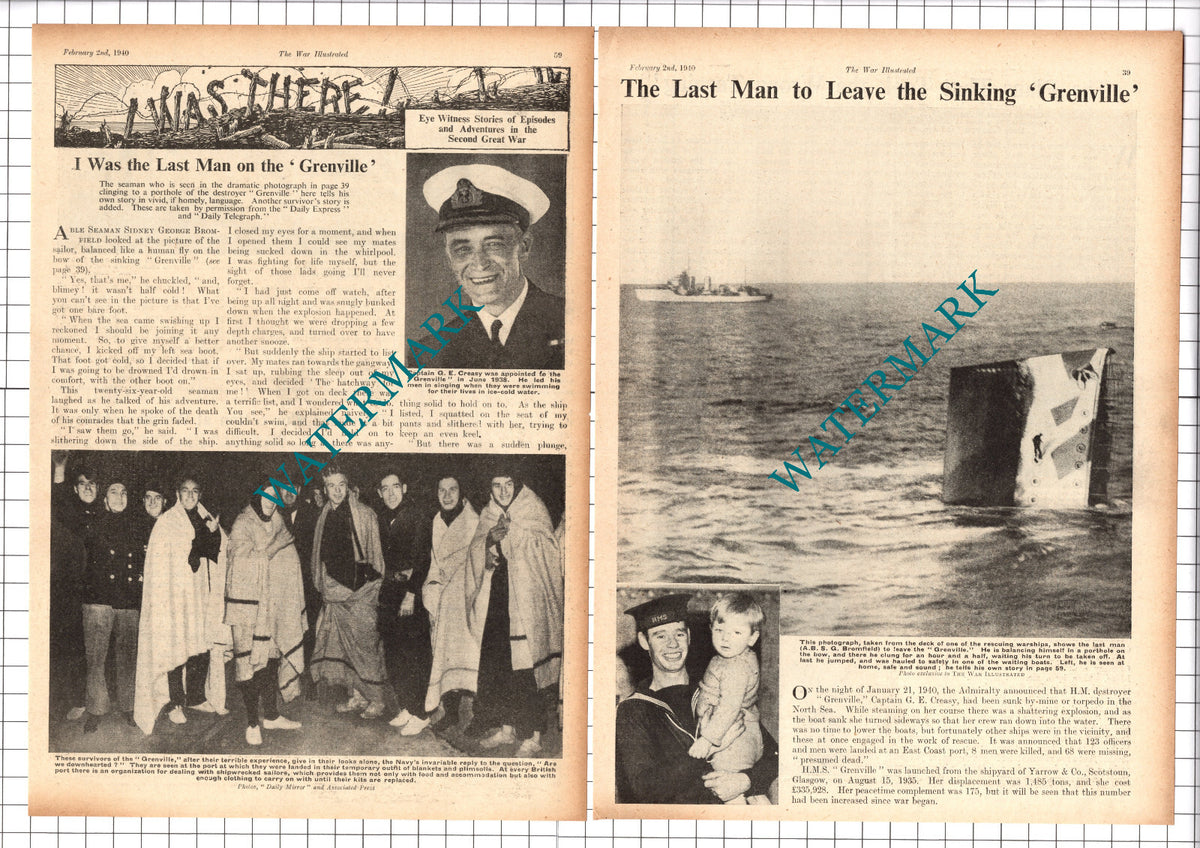 A B Sidney George Bromfield HM Destroyer Ship GRENVILLE Creasy - 1940 Article