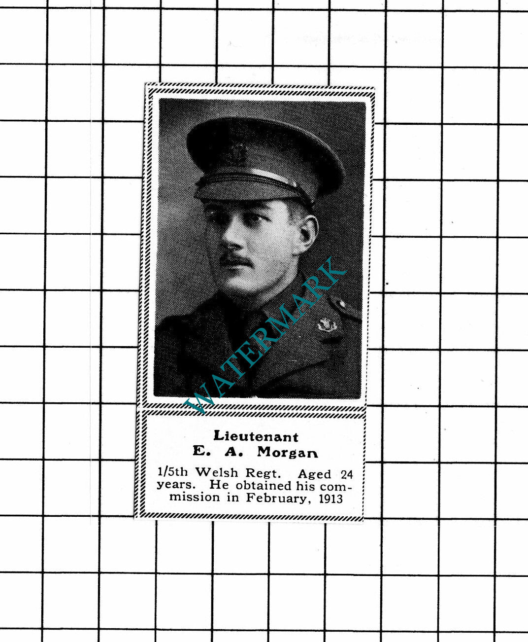Lt E A Morgan 1/5th Welsh Regiment WW1  - c.1918 SMALL Clipping / Print