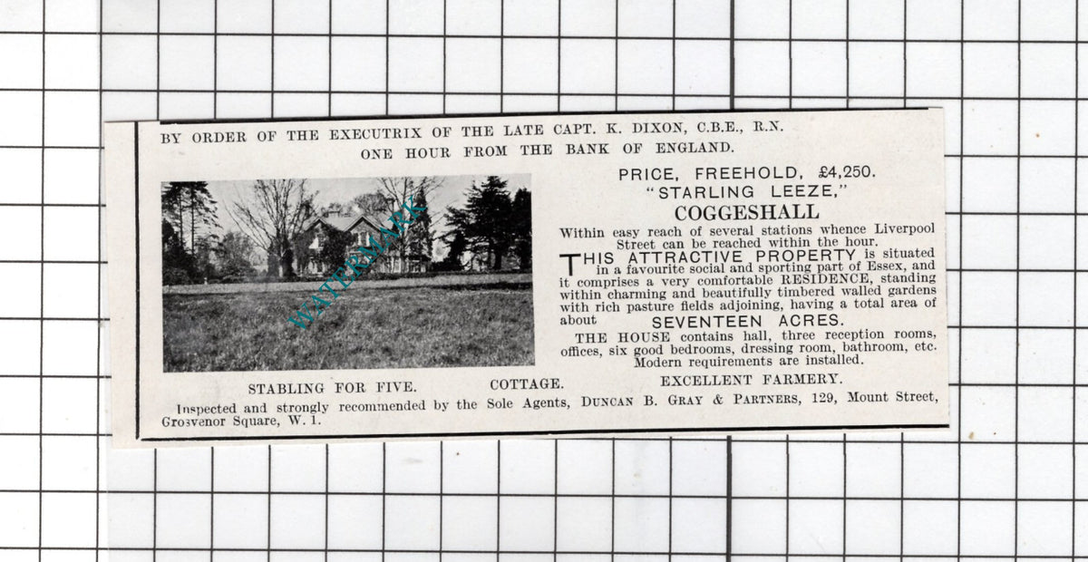 Starling Leeze Coggeshall Essex Captain K Dixon  -  1927 Small House Sale Advert