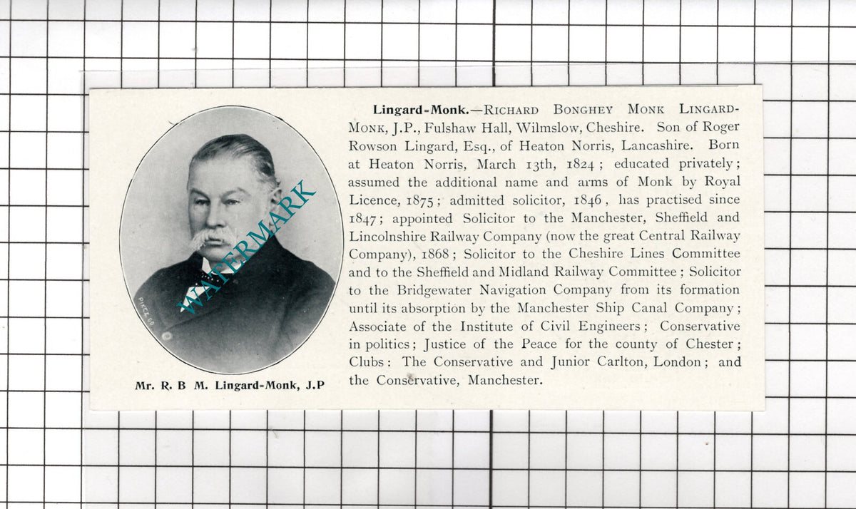 Richard Lingard-Monk Fulshaw Hall Clifford Donald Milne Cheadle -c.1900 Cutting