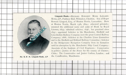 Richard Lingard-Monk Fulshaw Hall Clifford Donald Milne Cheadle -c.1900 Cutting