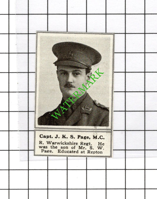 Captain JKS Page Royal Warwickshire Reg Great War WW1 - 1918 SMALL Cutting
