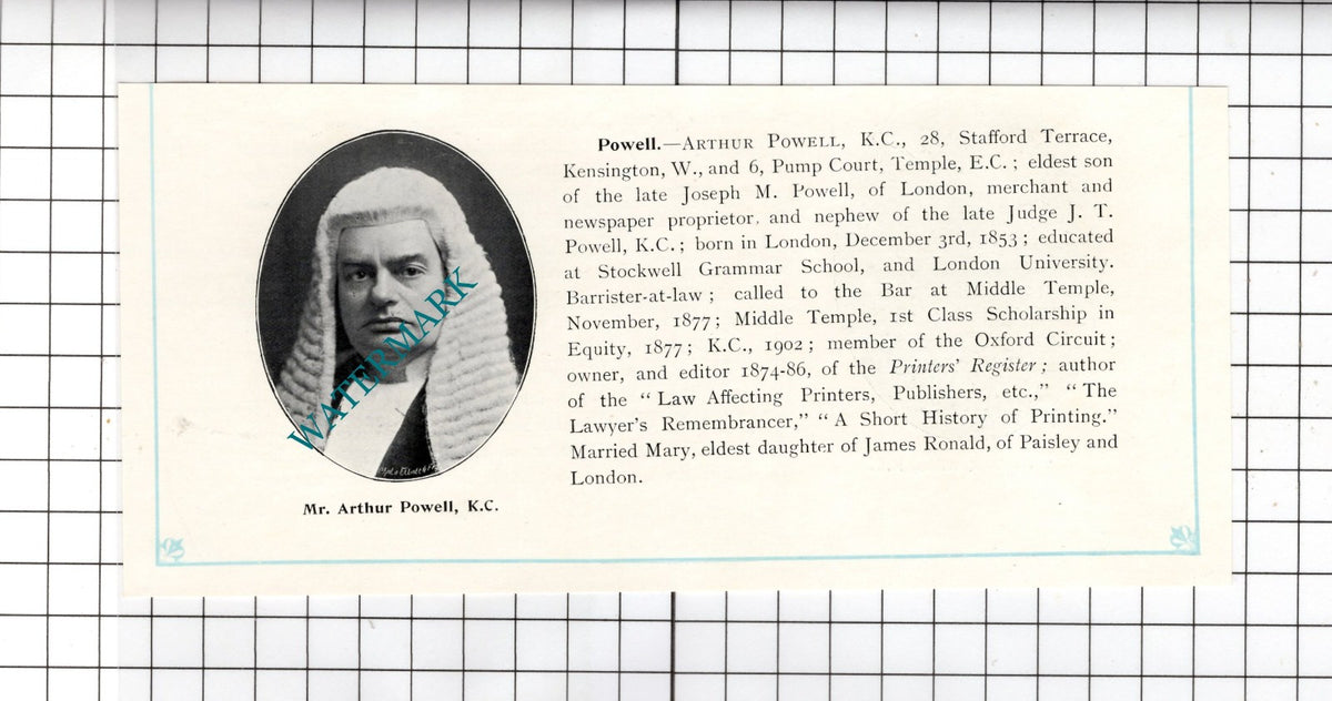 Mr Arthur Powell KC 6 Pump Court Temple London -  c.1905 Clipping