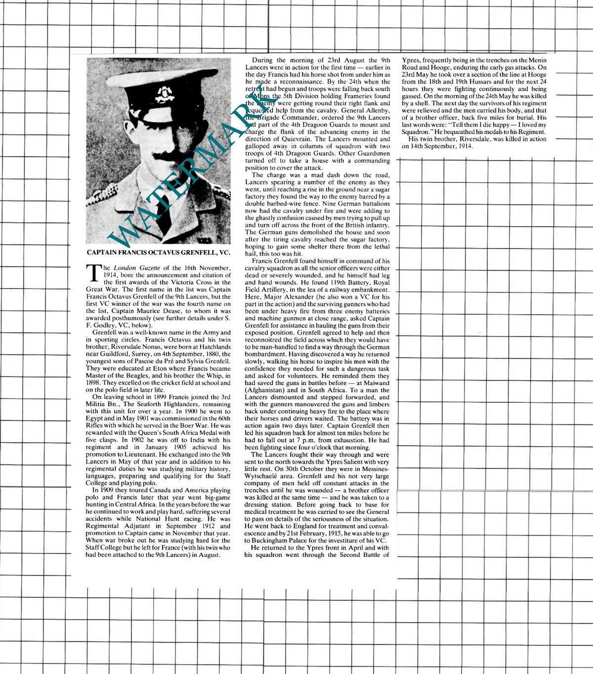 Captain Francis Octavus Grenfell - 1980 Cutting / Print