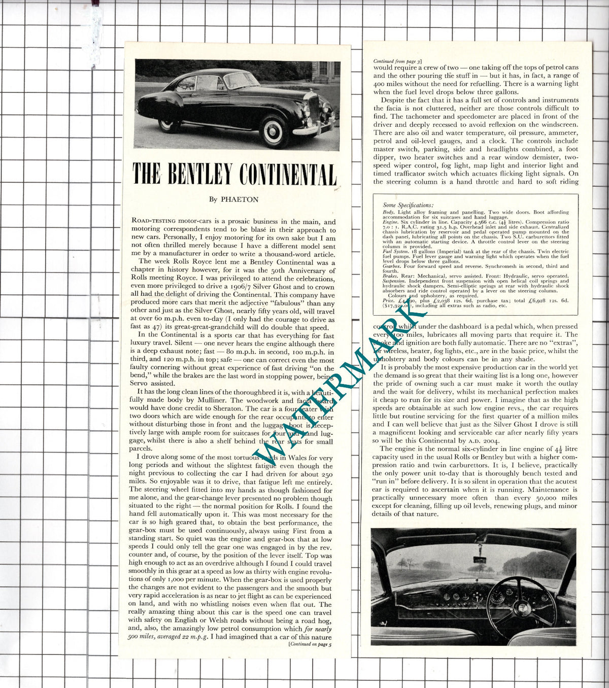 The Bentley Continental Car Review - 1954 Two-Part Clipping