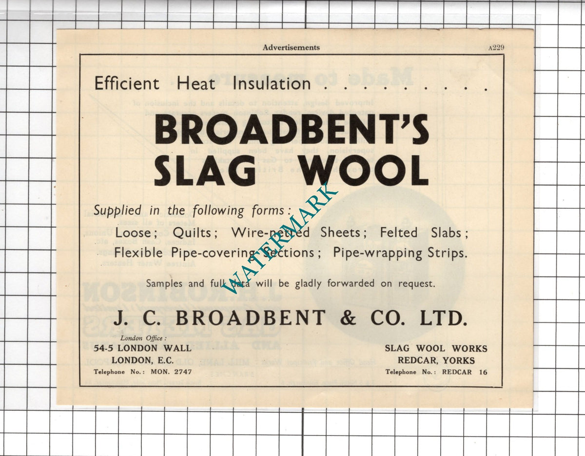 J C Broadbent & Co Slag Wool Redcar J H Robinson Liverpool Gas Meter 1951 Advert