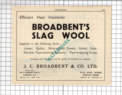J C Broadbent & Co Slag Wool Redcar J H Robinson Liverpool Gas Meter 1951 Advert
