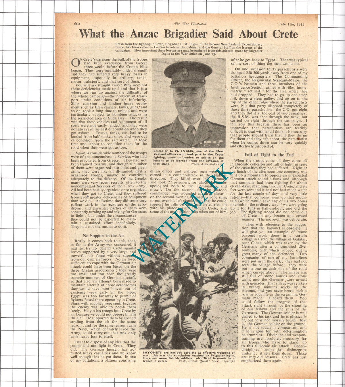 Brigadier L M Inglis New Zealand Crete World War Two - 1941 Clipping