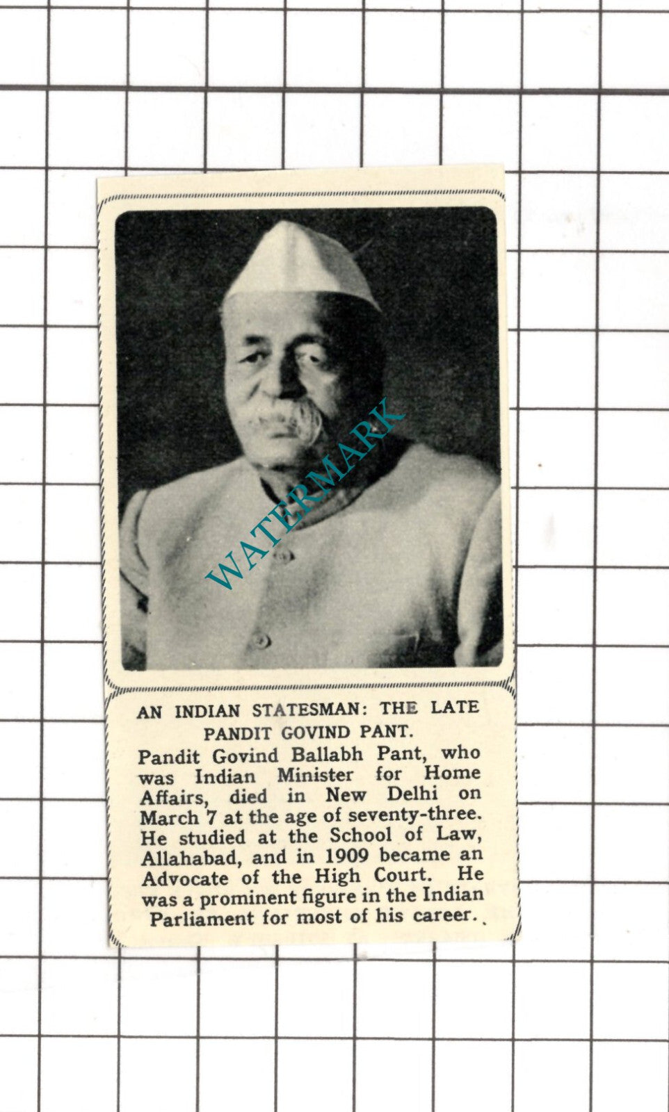 Pandit Govind Ballabh Pant Obituary - 1961 SMALL News Cutting