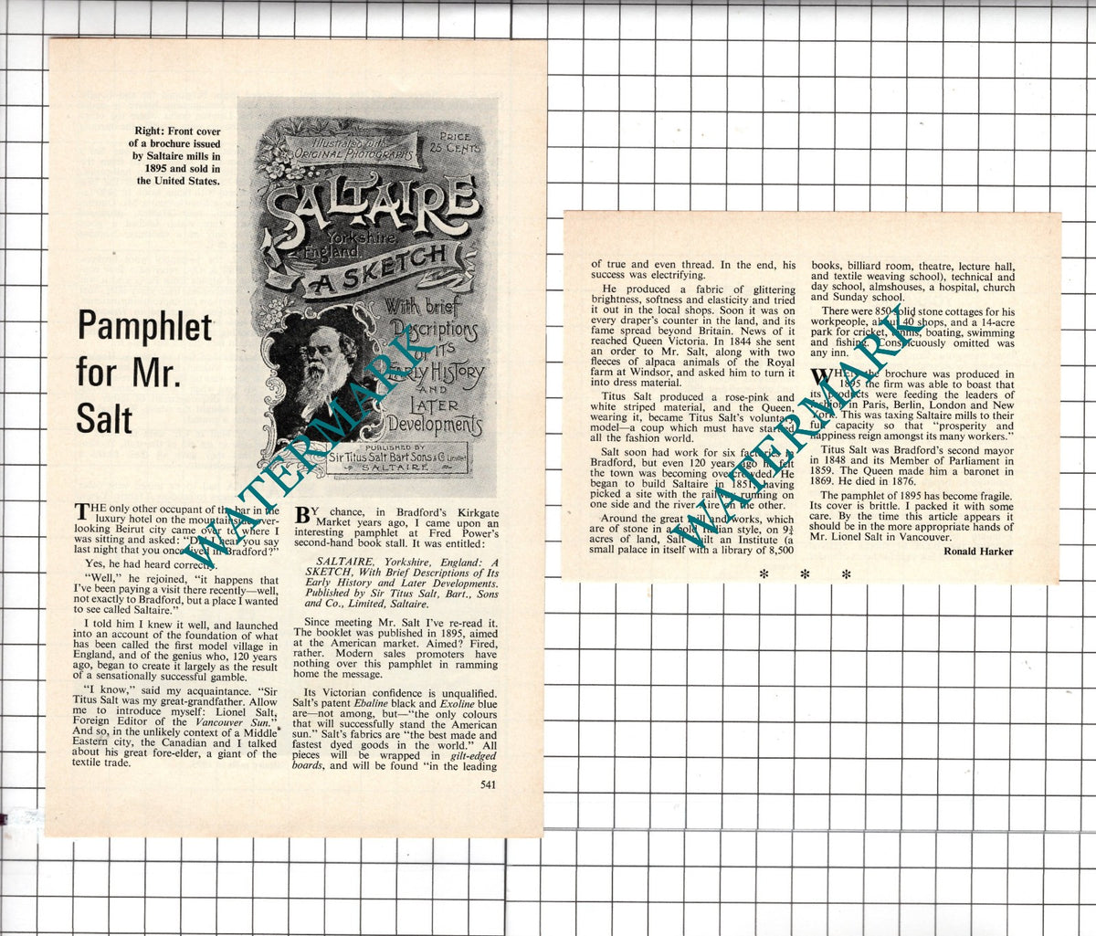 Saltaire Yorkshire Sir Titus Salt - 1972 Article