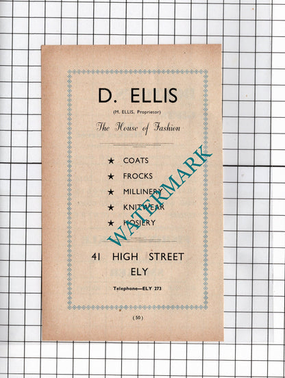 Bolton's Gifts Ely Cambridgeshire / D Ellis House Of Fashion - 1949 SMALL Advert