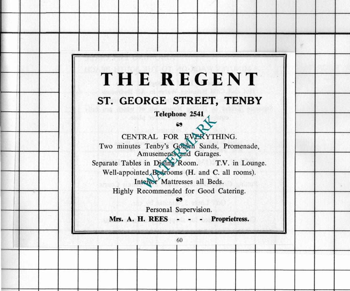 The Regent Hotel Tenby Wales Mrs A H Rees Small Advert - 1962 Cutting