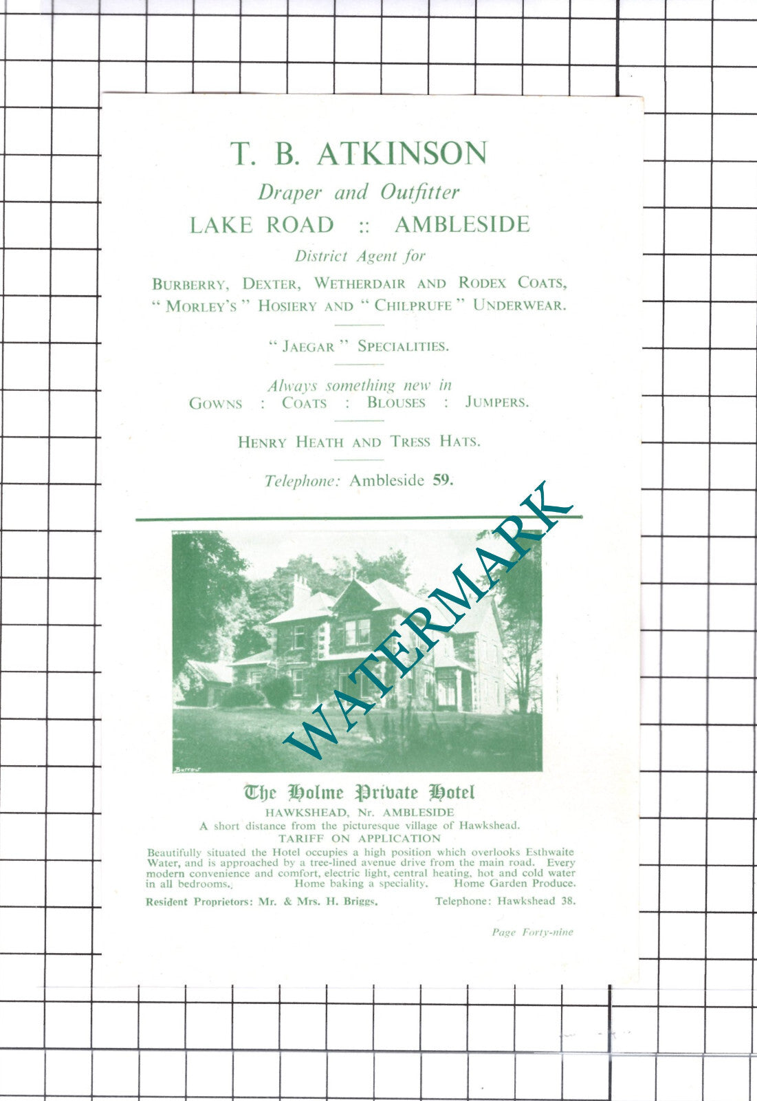 TB Atkinson Ambleside The Holme Hotel  Hawkshead Weavers Outgate c.1952 Cutting