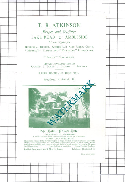 TB Atkinson Ambleside The Holme Hotel  Hawkshead Weavers Outgate c.1952 Cutting