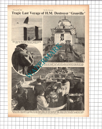 HM Destroyer GRENVILLE Ship World War Two WW2 - 1940 Three-Part Clipping / Print