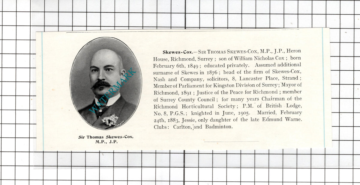 Sir Thomas Skewes-Cox MP  Heron House Richmond Surrey   - c.1905 Clipping