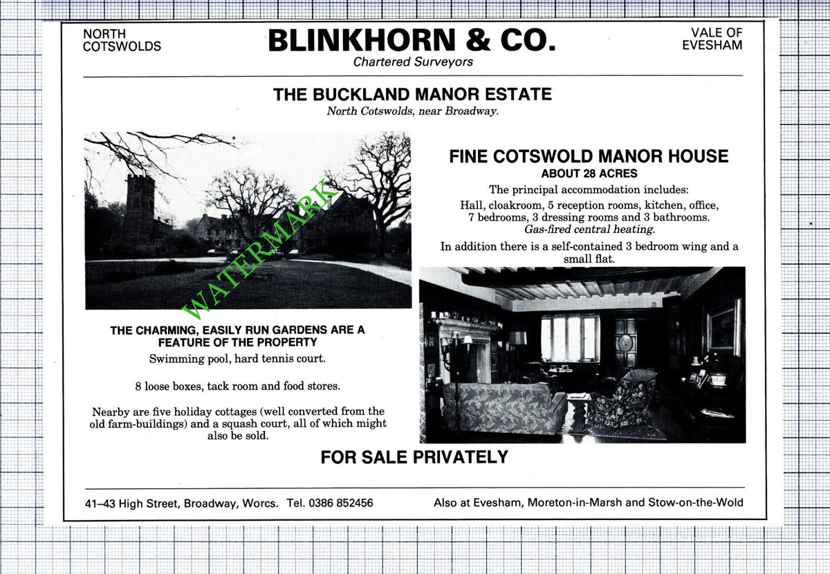 The Buckland Manor Estate Broadway Cotswolds House Sale Advert - 1981 Cutting
