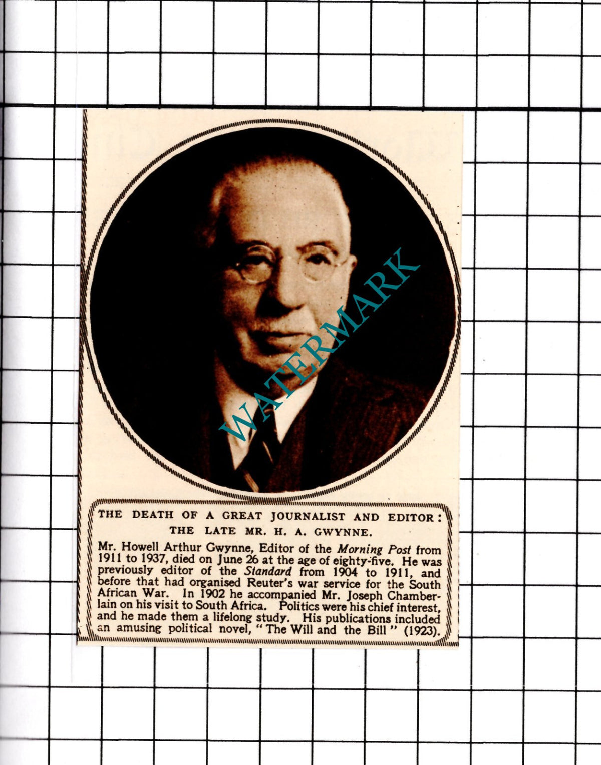 Mr Howell Arthur Gwynne Obituary - 1950 SMALL Clipping / Print