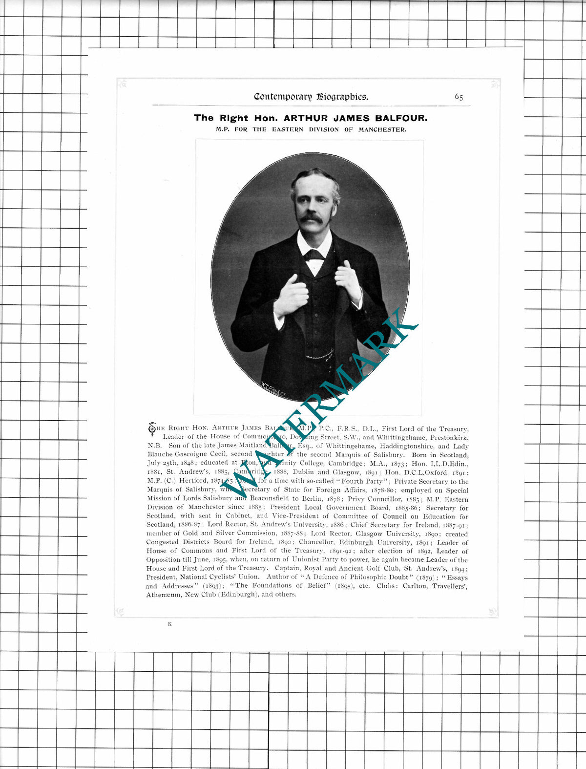 Right Hon Arthur James Balfour / Sir James Fergusson MP Manchester -c.1899 Print