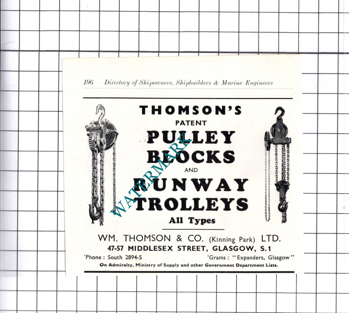 William Thomson & Co Glasgow / Walter Slingsby Keighley - c.1957 Small Advert
