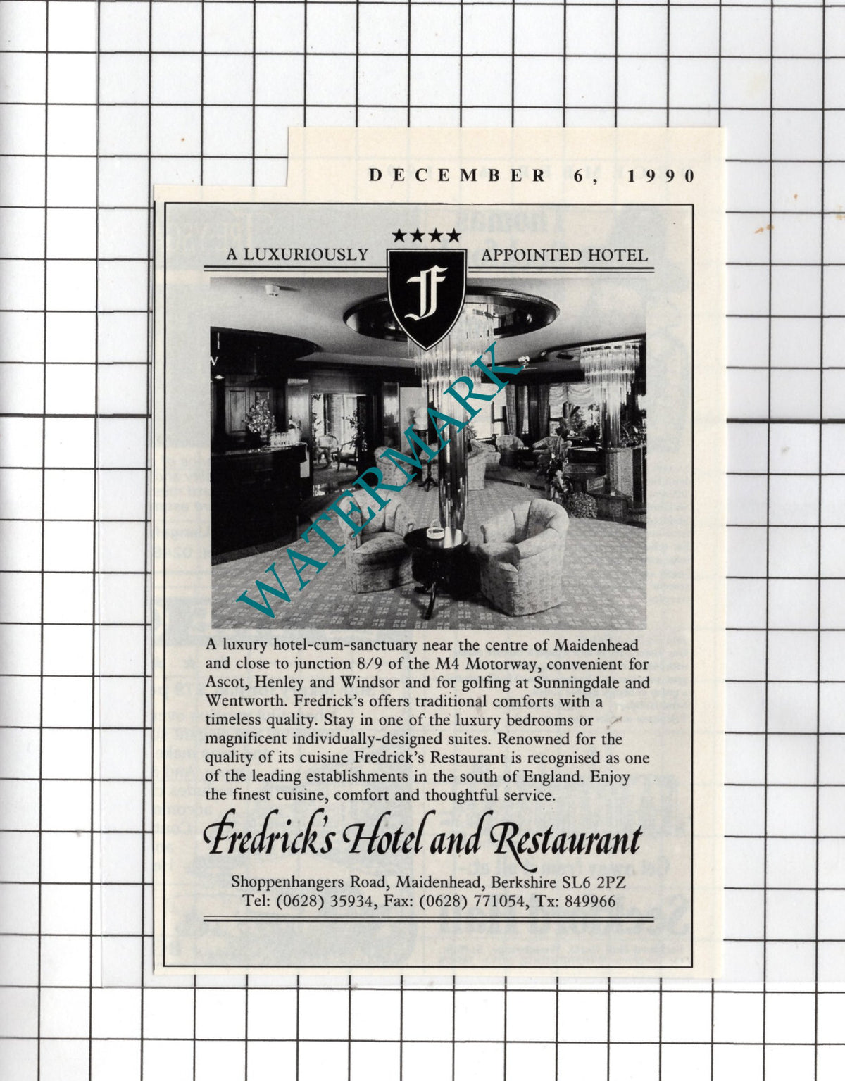 Fredrick's Hotel Maidenhead Berkshire Advert - 1990 Small Cutting