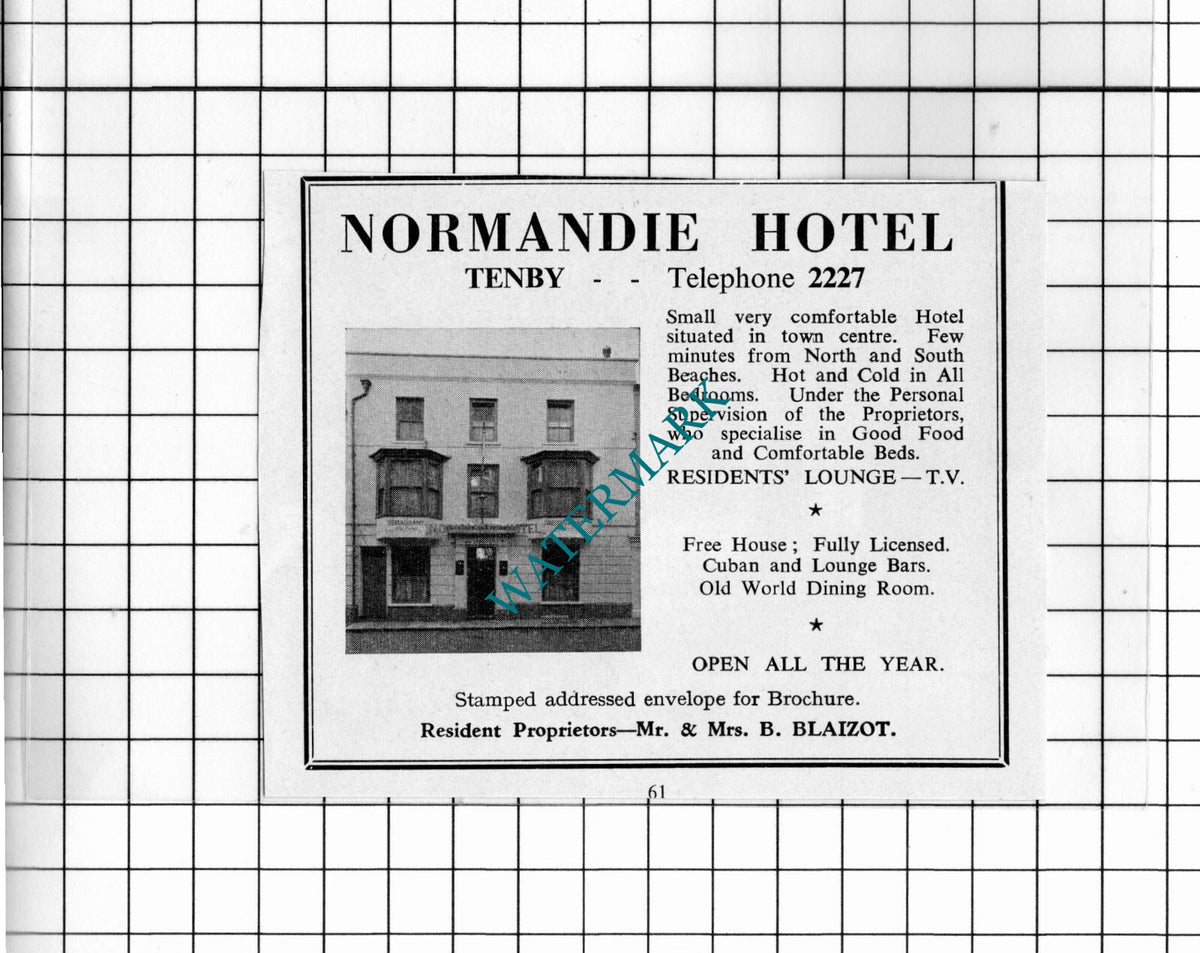 Normandie Hotel Tenby Wales Mr & Mrs Blaizot Small Advert - 1962 Cutting