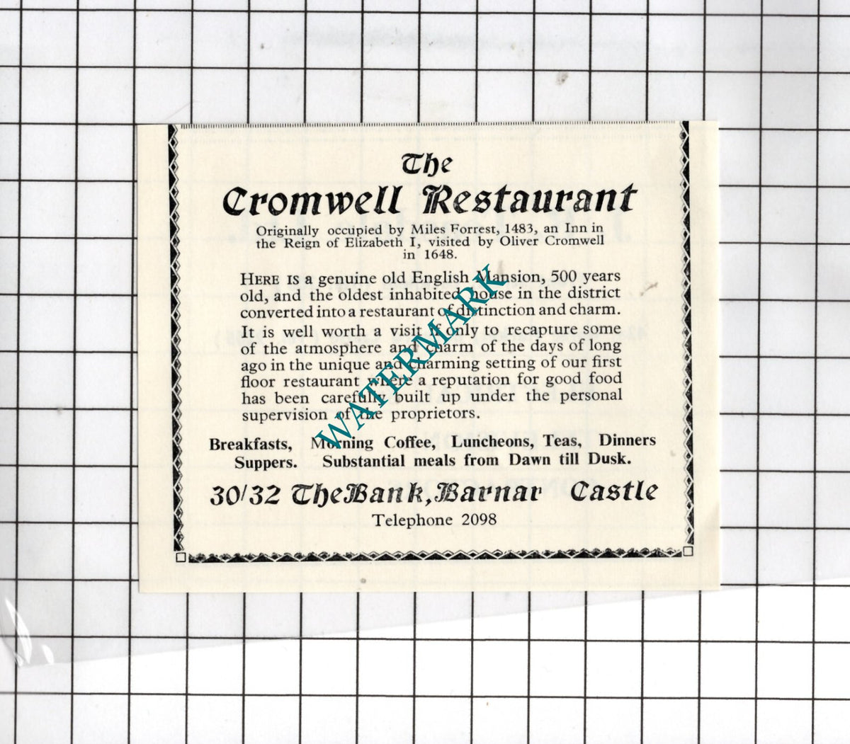 The Cromwell Restaurant The Bank Barnard Castle Durham  - 1969  SMALL Advert