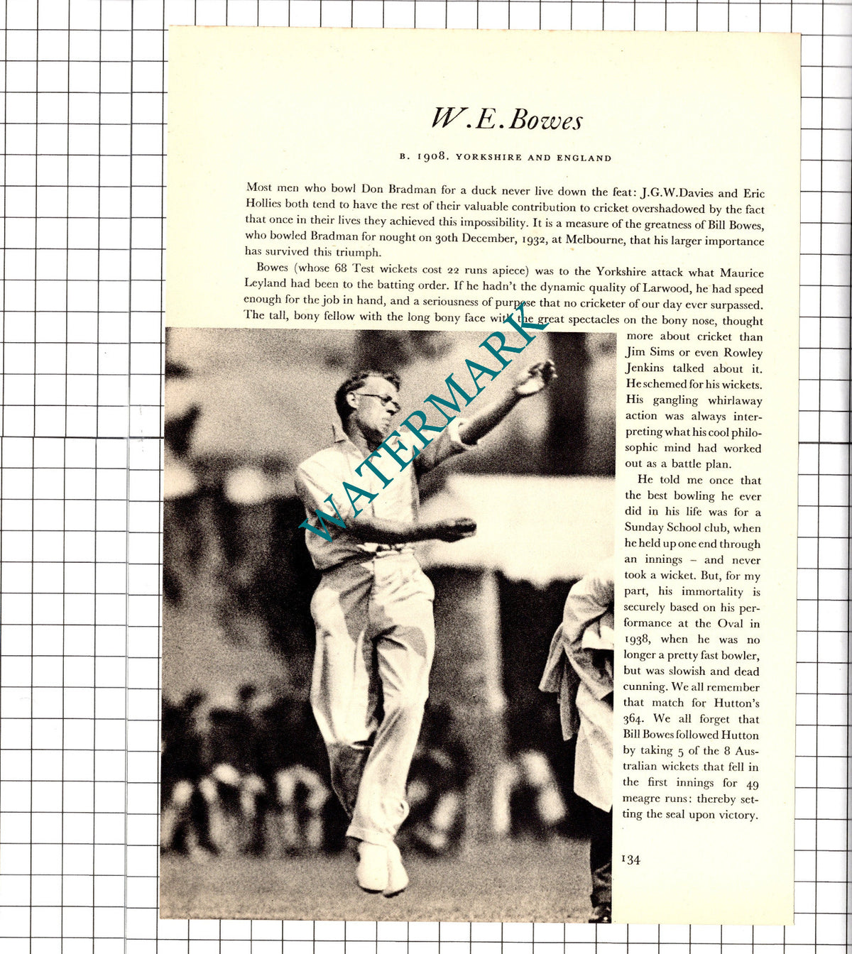 W E Bowes Bill Bowes Cricketer / Ian Peebles Cricket - 1952 Book Print