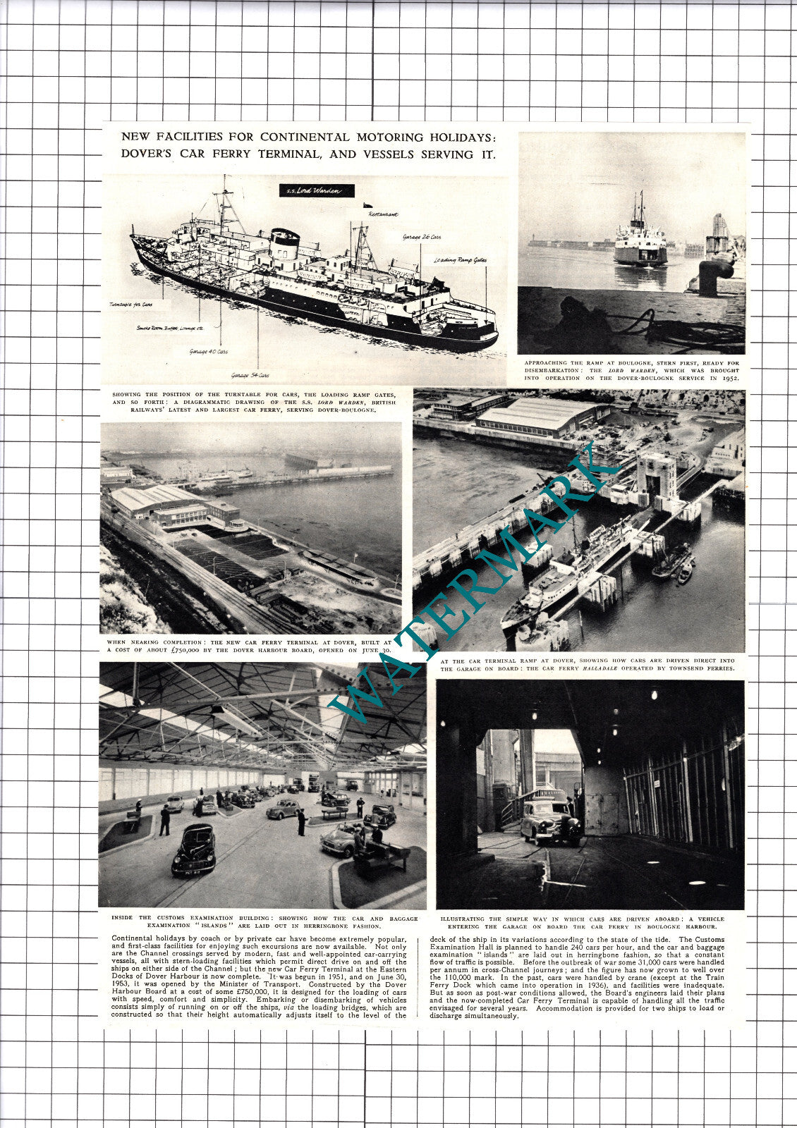 SS Lord Warden Ship Car Ferry Terminal Dover Harbour Kent - 1953 Cutting / Print