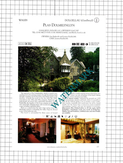 Plas Dolmelynllyn Dolgellau  / Cawdor Arms Hotel Llandeilo  Wales -2001 Cutting