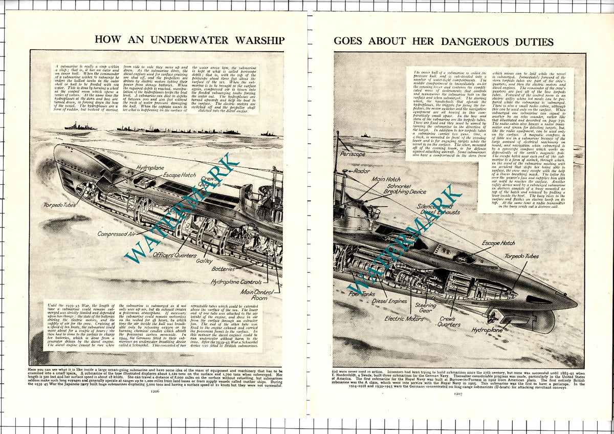 How A Submarine Works - c.1950s Two-Part Clipping / Print