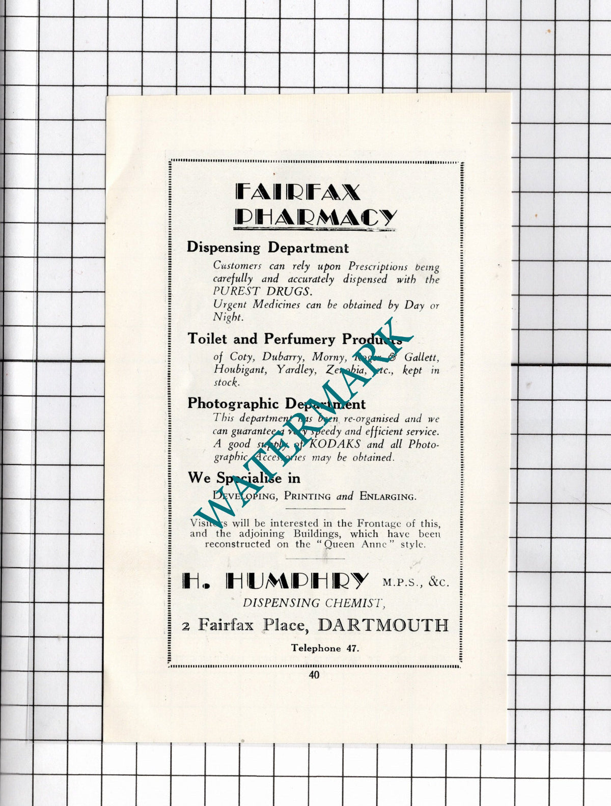 Fairfax Pharmacy Dartmouth Devon H Humphrey    - c.1940's Advert