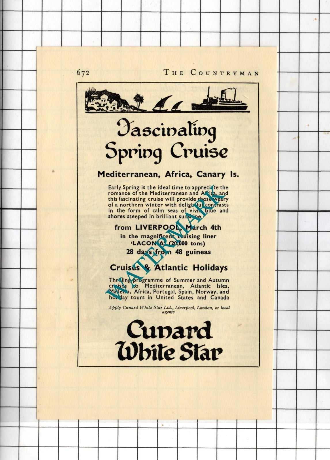 Cunard White Star Cruise Laconia Ship - 1936 Small Advert