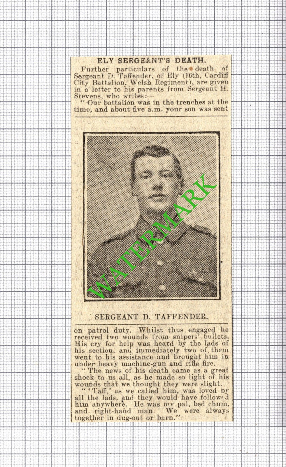Sergeant D Taffender Ely 16th Cardiff City Battalion WW1 - 1916 Small Cutting