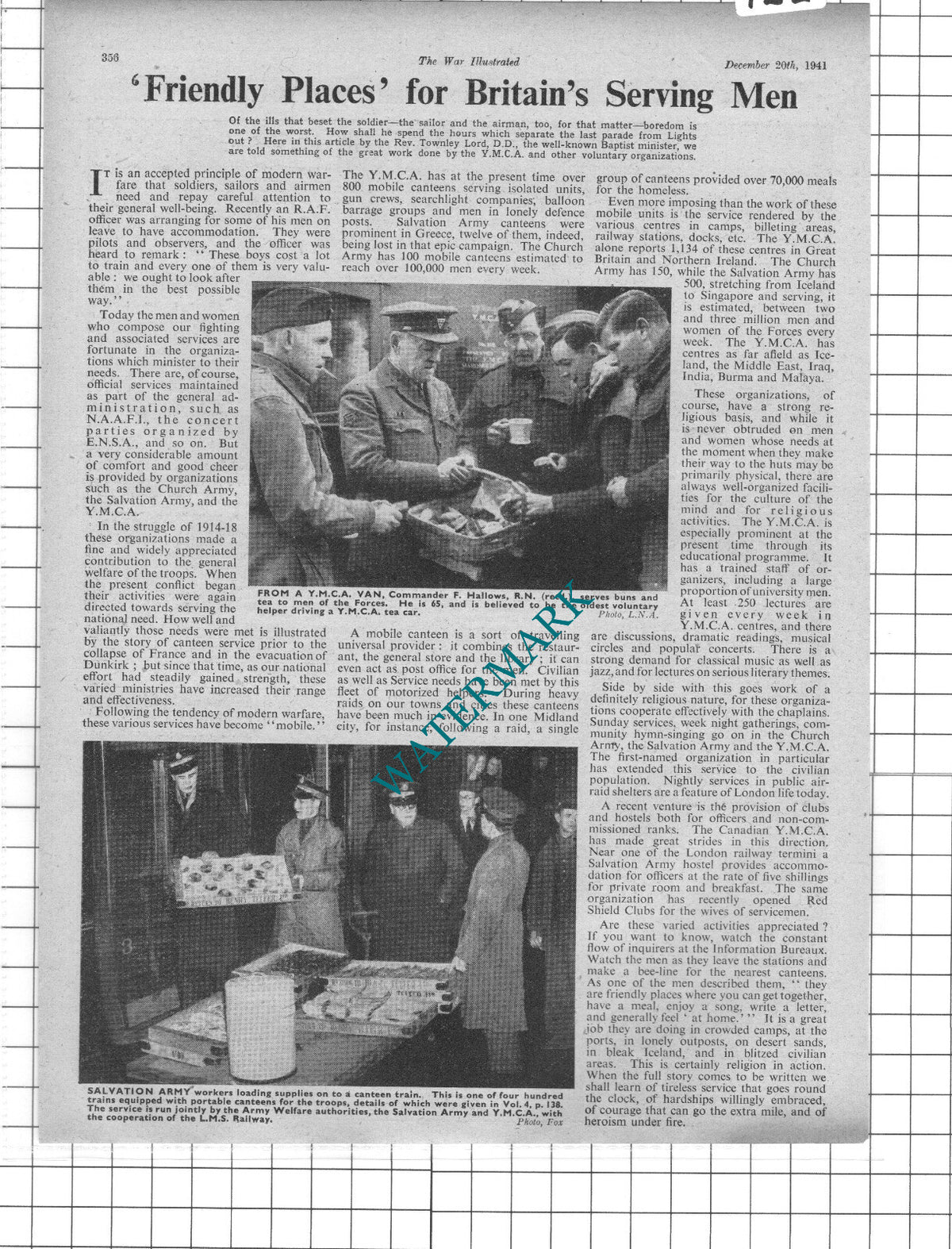 YMCA Comm F Hallows  Salvation Army World War Two WW2 - 1941 Clipping / Print
