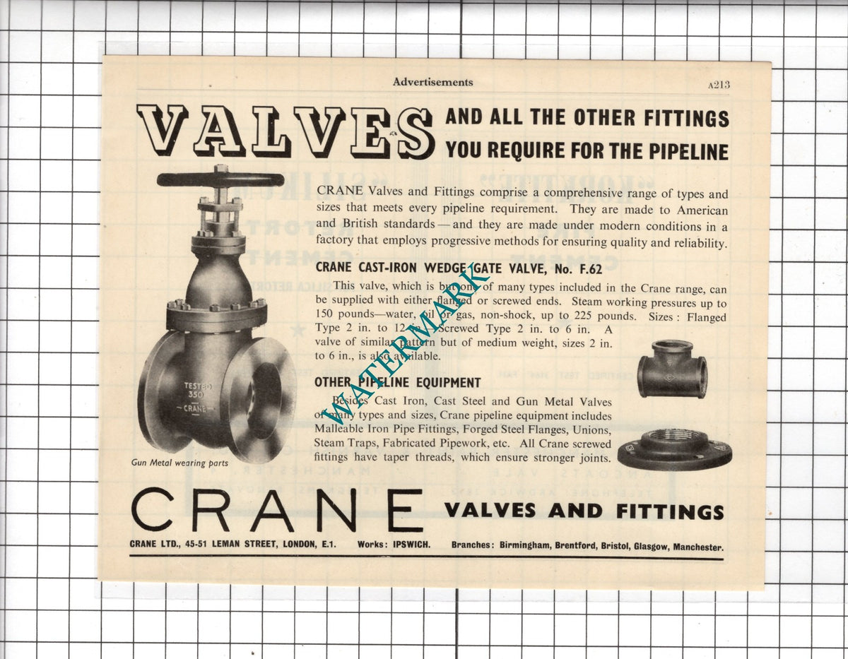 Crane Ltd Leman Street London Crane Valves and Fittings - 1951 Advert