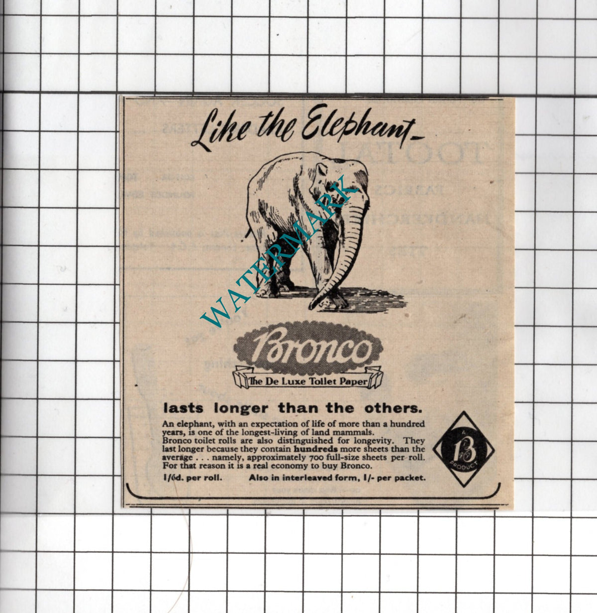 Bronco Toilet Paper Advert Elephant - 1948 Small Cutting