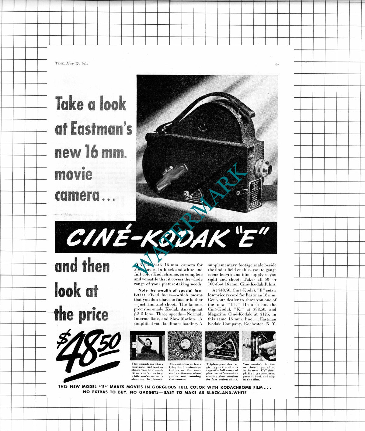 Eastman Cine Camera ADVERT - 1937 Clipping / Print