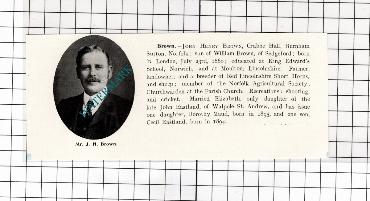 John Henry Brown Crabbe Hall Burnham Sutton Norfolk  - 1911 Clipping